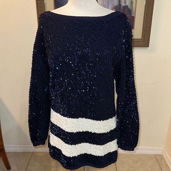 ADRIENNE VITTADINI Navy/White Sequin Striped Women's Long Sweater Size Large - Picture 6 of 10
